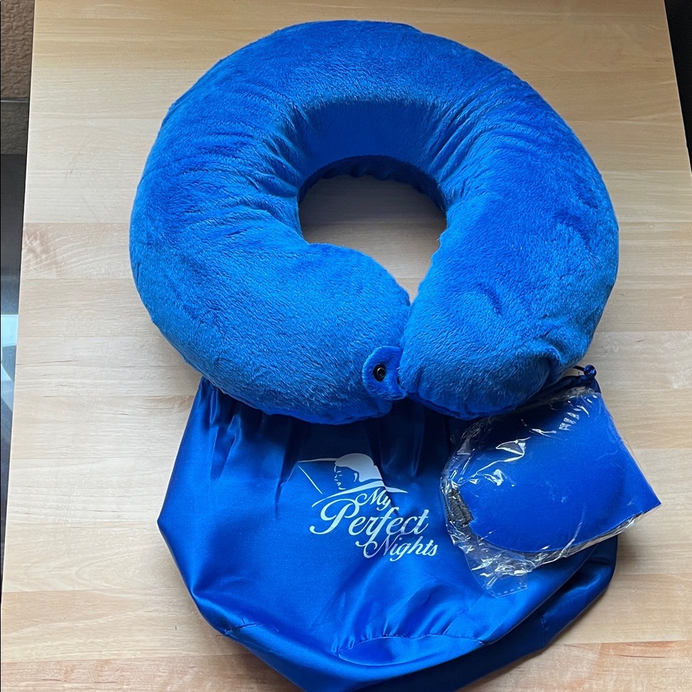 Blue Memory Foam Neck Pillow With Eye Mask, Ear Plugs and Carrying Pouch